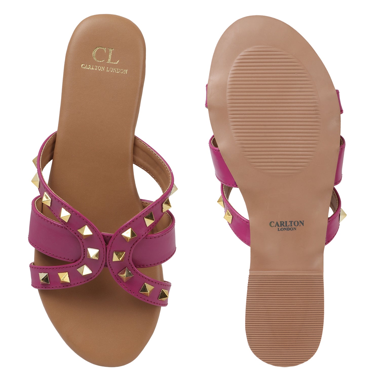 Flat Cross-Strap Women Sandal with Gold Pyramid Studs