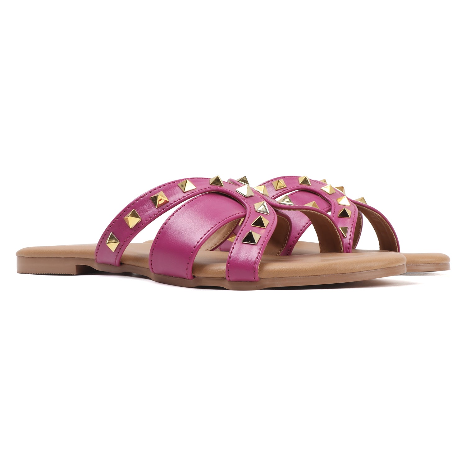 Flat Cross-Strap Women Sandal with Gold Pyramid Studs