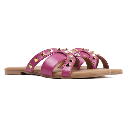 Flat Cross-Strap Women Sandal with Gold Pyramid Studs