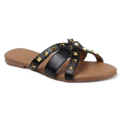 Flat Cross-Strap Women Sandal with Gold Pyramid Studs