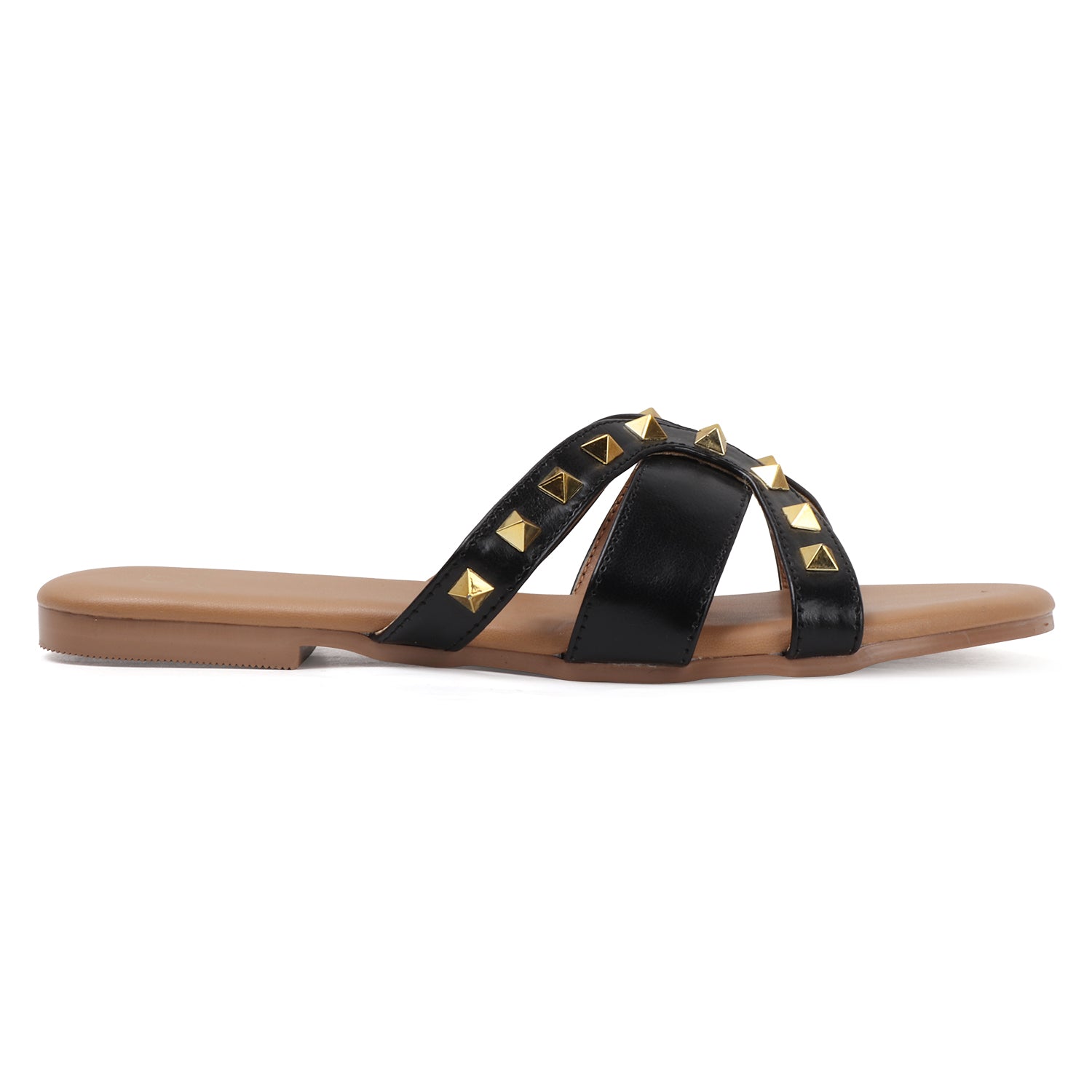 Flat Cross-Strap Women Sandal with Gold Pyramid Studs