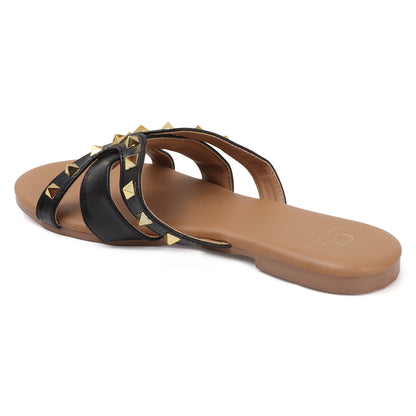 Flat Cross-Strap Women Sandal with Gold Pyramid Studs