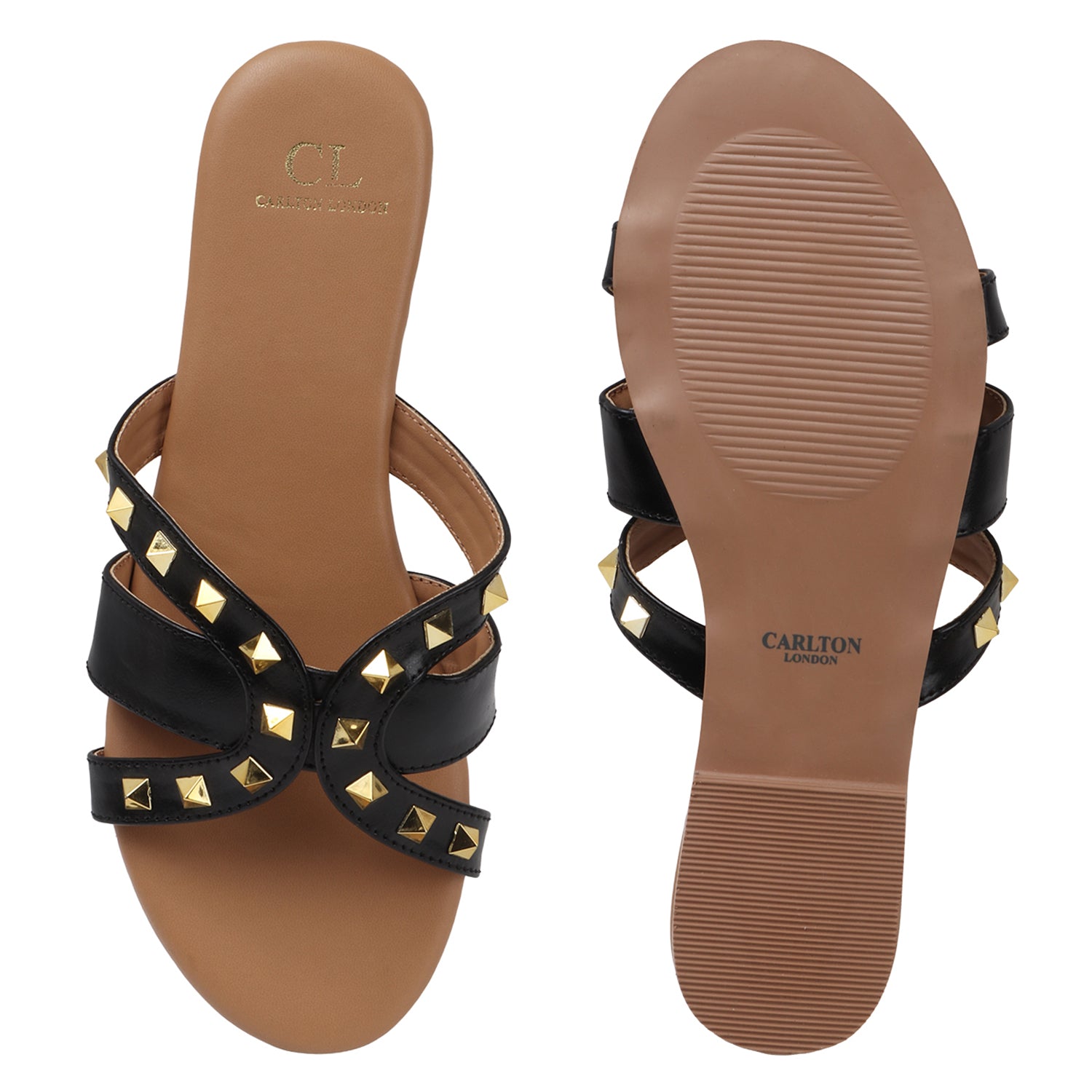 Flat Cross-Strap Women Sandal with Gold Pyramid Studs