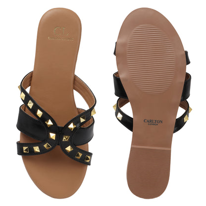 Flat Cross-Strap Women Sandal with Gold Pyramid Studs