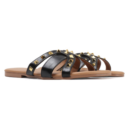 Flat Cross-Strap Women Sandal with Gold Pyramid Studs