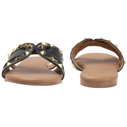 Flat Cross-Strap Women Sandal with Gold Pyramid Studs