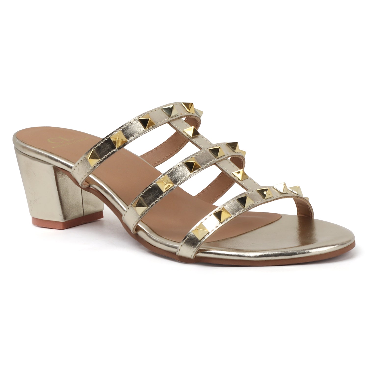 Metallic Gold Studded Triple-Strap Block Heel Sandals