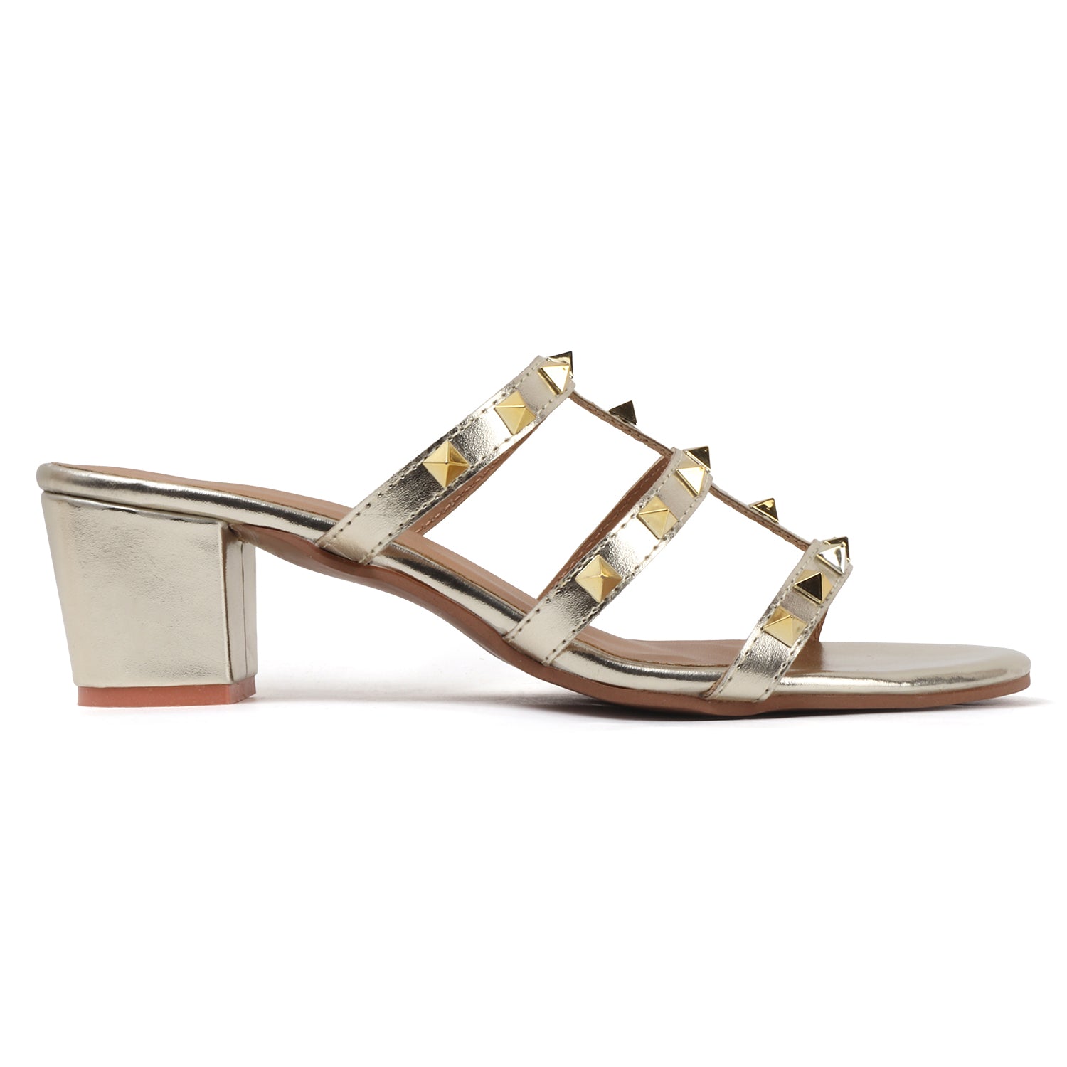 Metallic Gold Studded Triple-Strap Block Heel Sandals