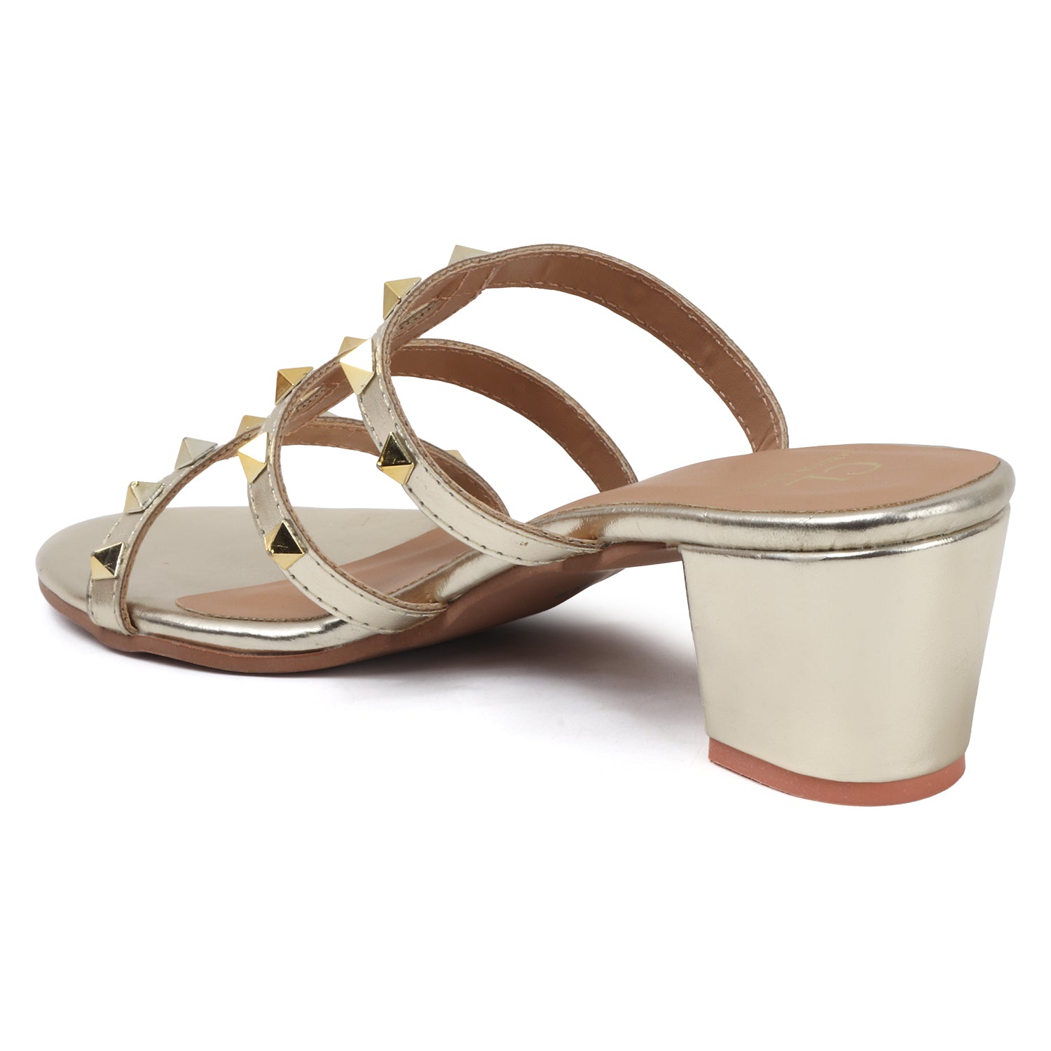 Metallic Gold Studded Triple-Strap Block Heel Sandals