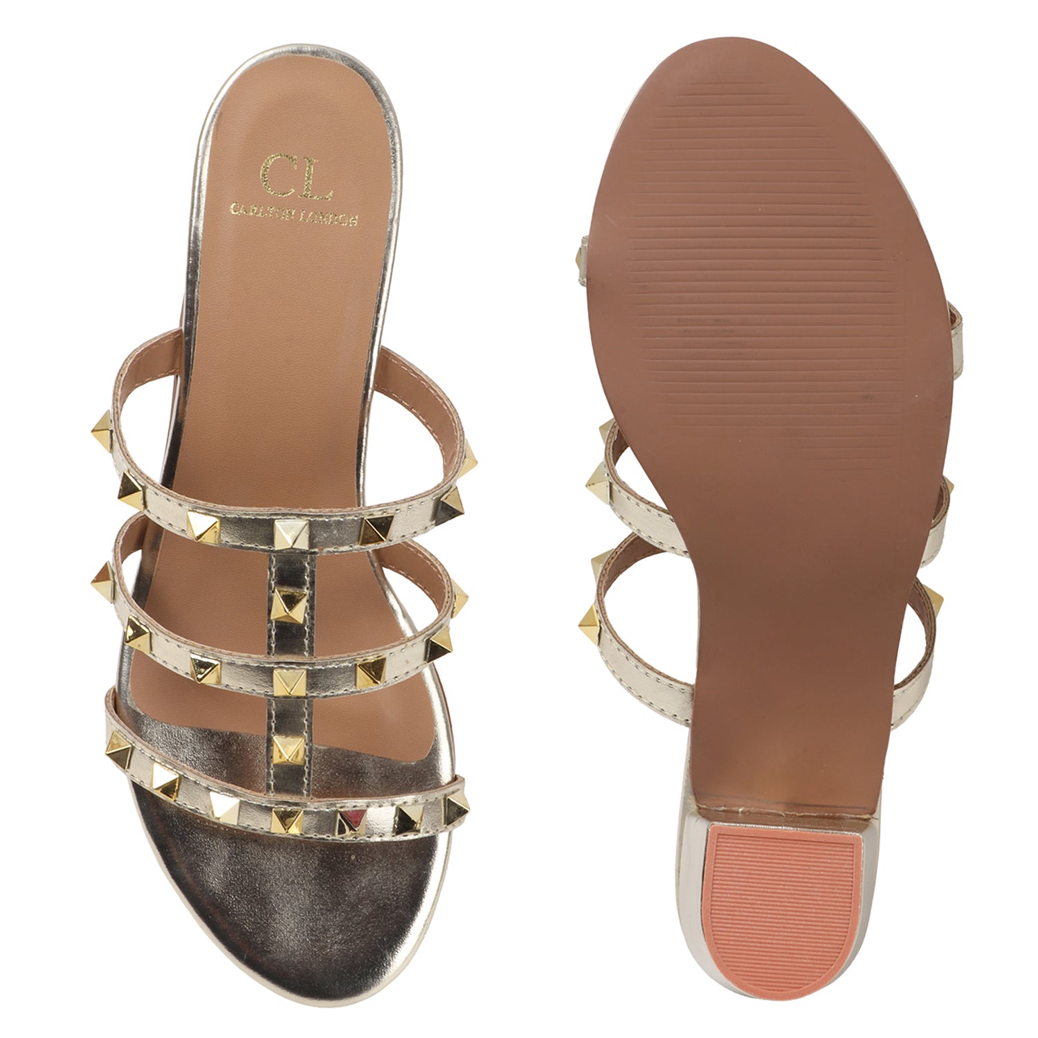Metallic Gold Studded Triple-Strap Block Heel Sandals