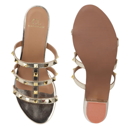 Metallic Gold Studded Triple-Strap Block Heel Sandals