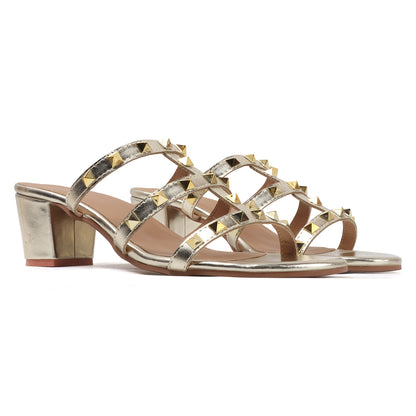 Metallic Gold Studded Triple-Strap Block Heel Sandals