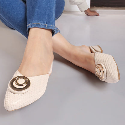 Elegant Textured Mules with Unique Gold Buckle and Block Heel