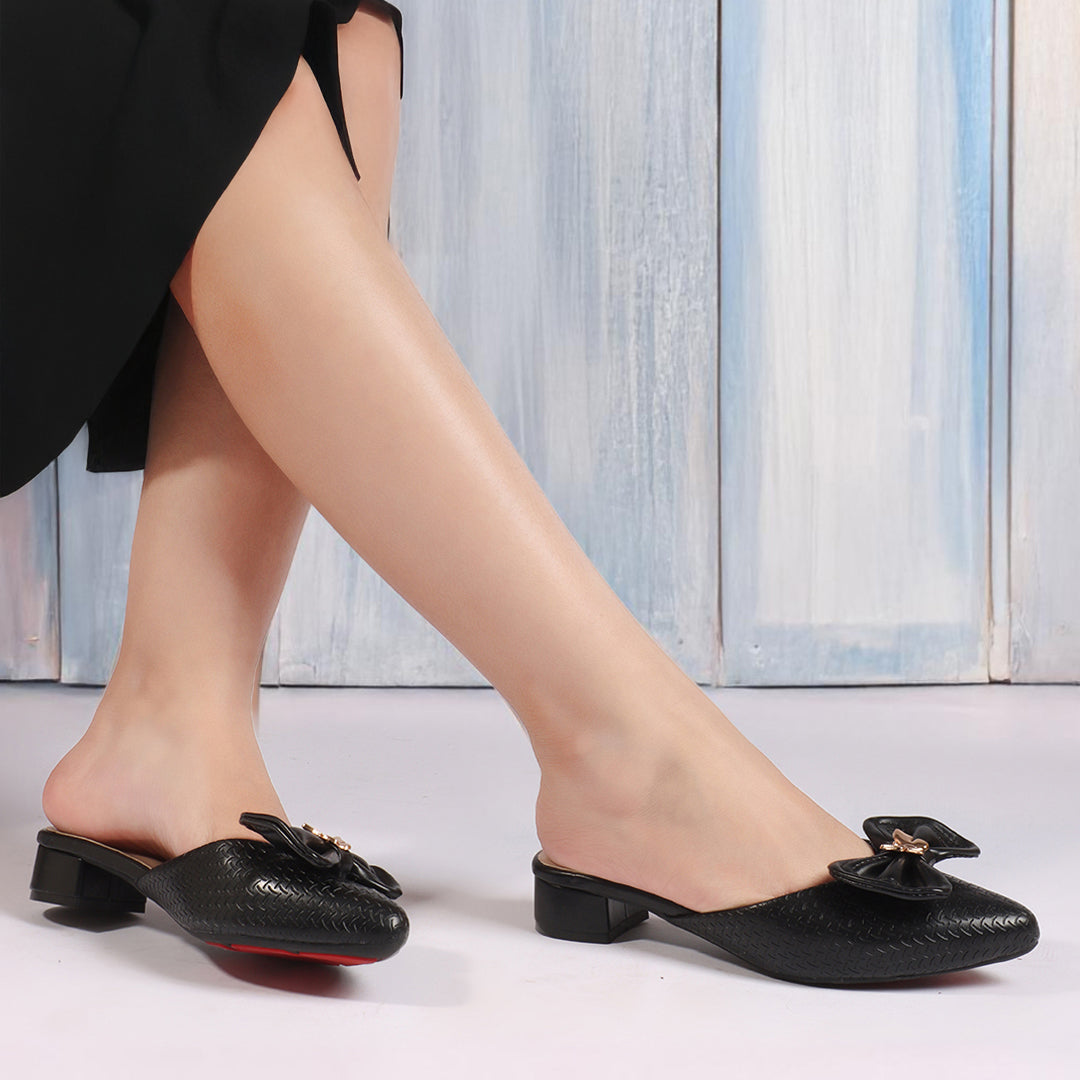 Elegant Textured Mules with Bow and Block Heel