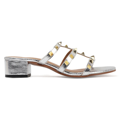 Metallic Gold Studded Triple-Strap Block Heel Sandals