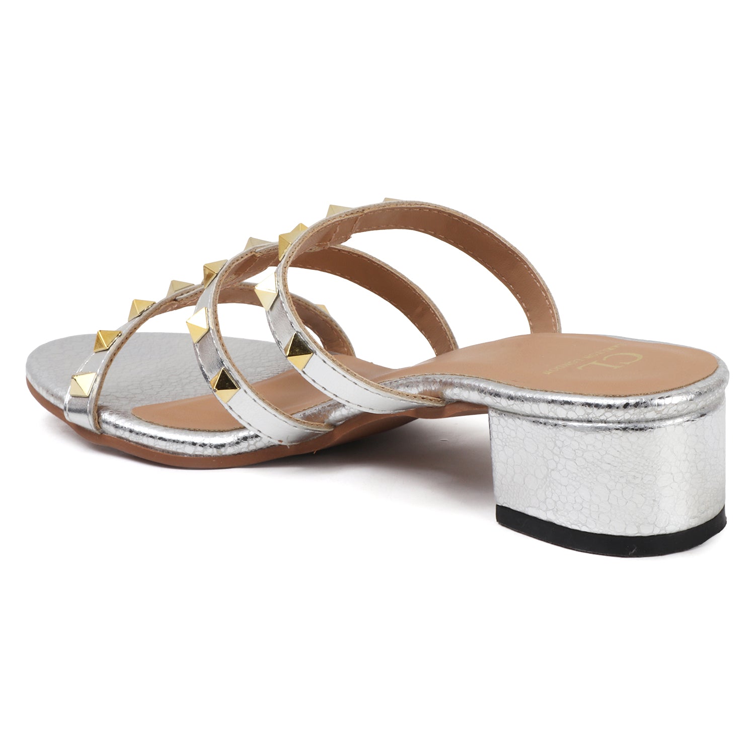 Metallic Gold Studded Triple-Strap Block Heel Sandals