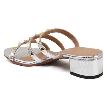 Metallic Gold Studded Triple-Strap Block Heel Sandals