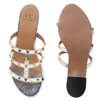 Metallic Gold Studded Triple-Strap Block Heel Sandals