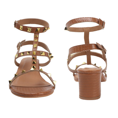 Metallic Gold Studded Block Heel Sandal with Ankle Strap