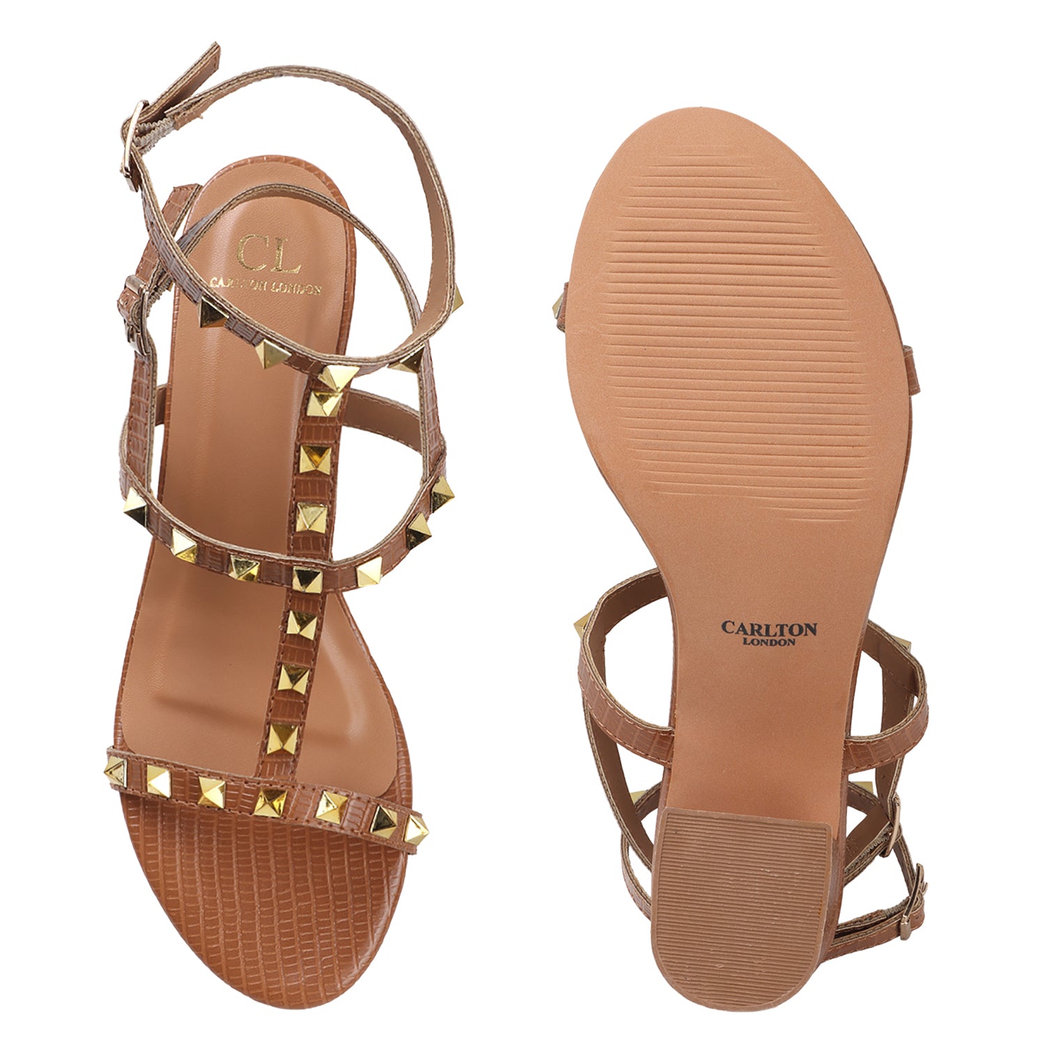 Metallic Gold Studded Block Heel Sandal with Ankle Strap