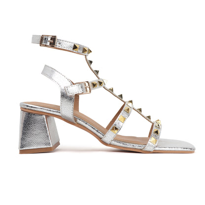 Metallic Gold Studded Block Heel Sandal with Ankle Strap