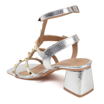 Metallic Gold Studded Block Heel Sandal with Ankle Strap