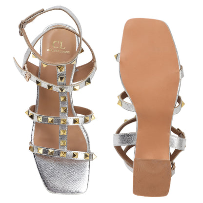 Metallic Gold Studded Block Heel Sandal with Ankle Strap