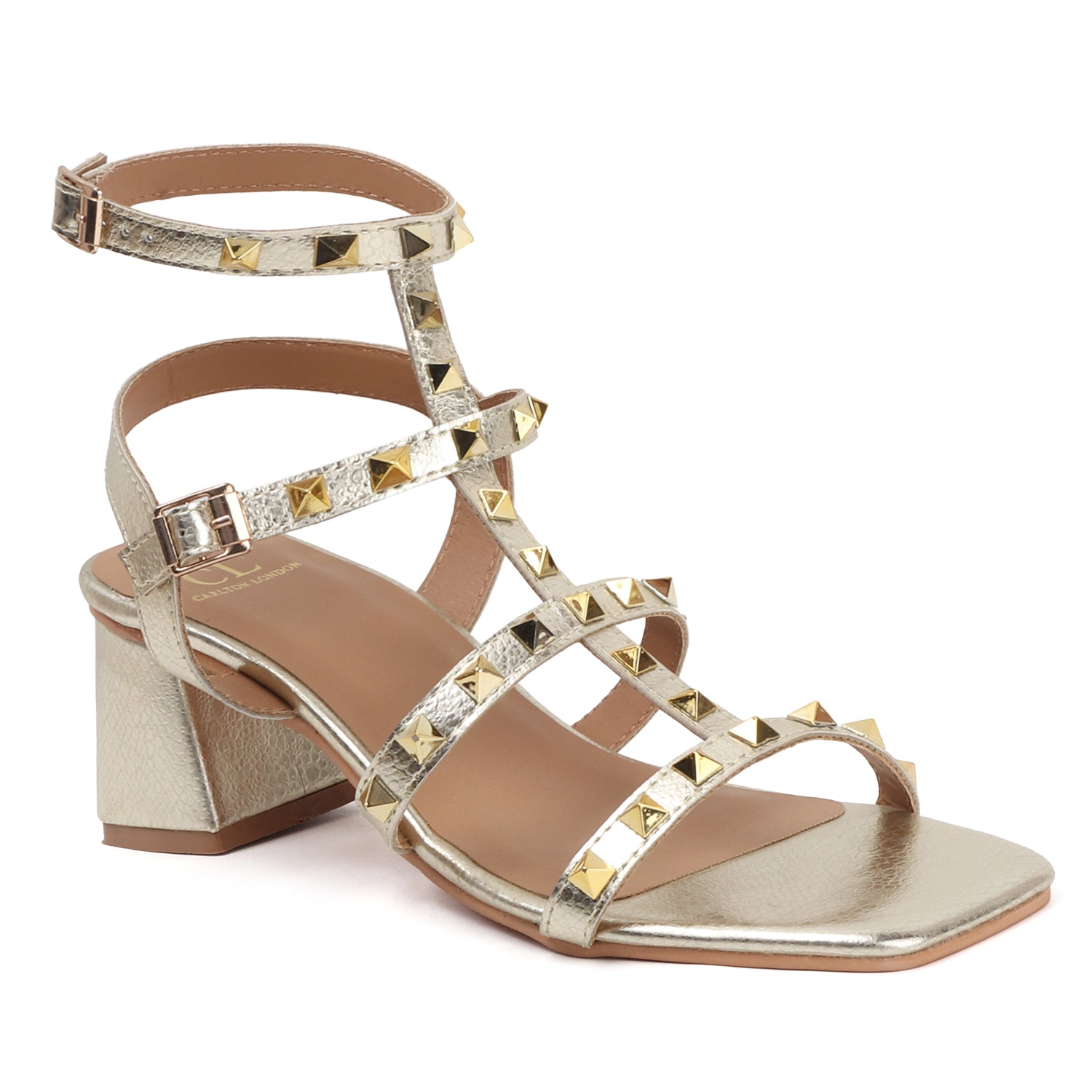 Metallic Gold Studded Block Heel Sandal with Ankle Strap