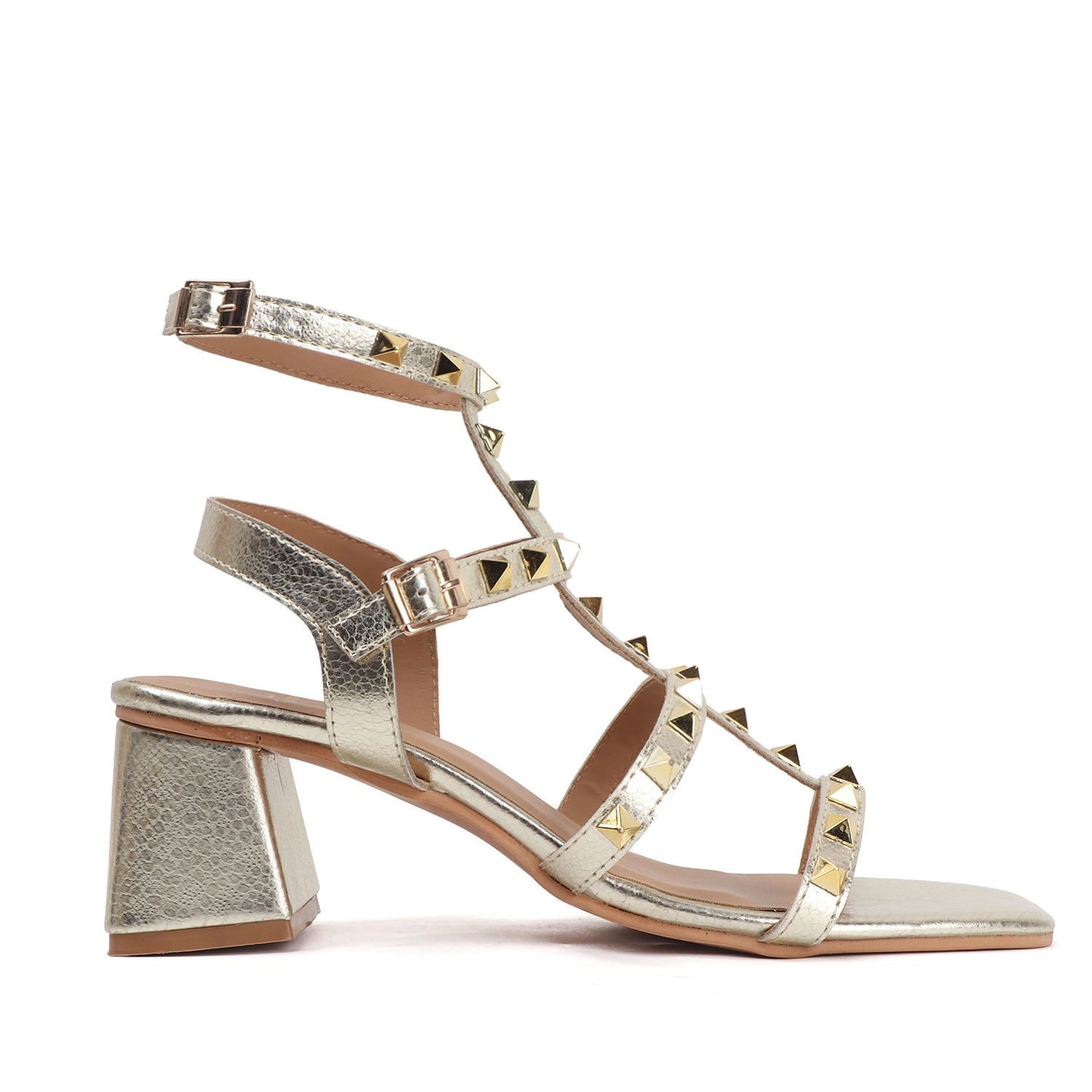 Metallic Gold Studded Block Heel Sandal with Ankle Strap
