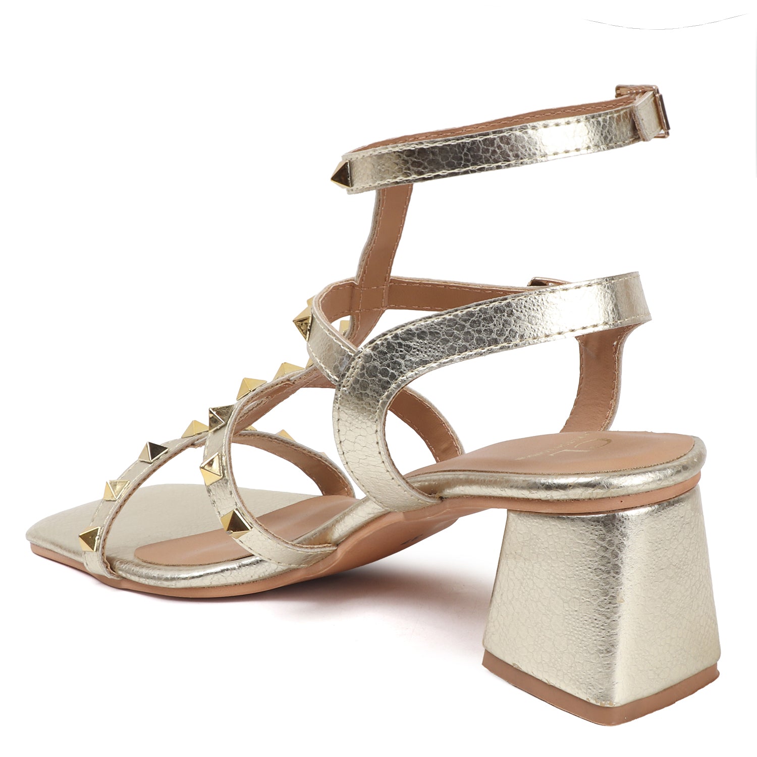 Metallic Gold Studded Block Heel Sandal with Ankle Strap