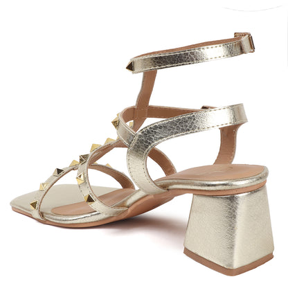 Metallic Gold Studded Block Heel Sandal with Ankle Strap