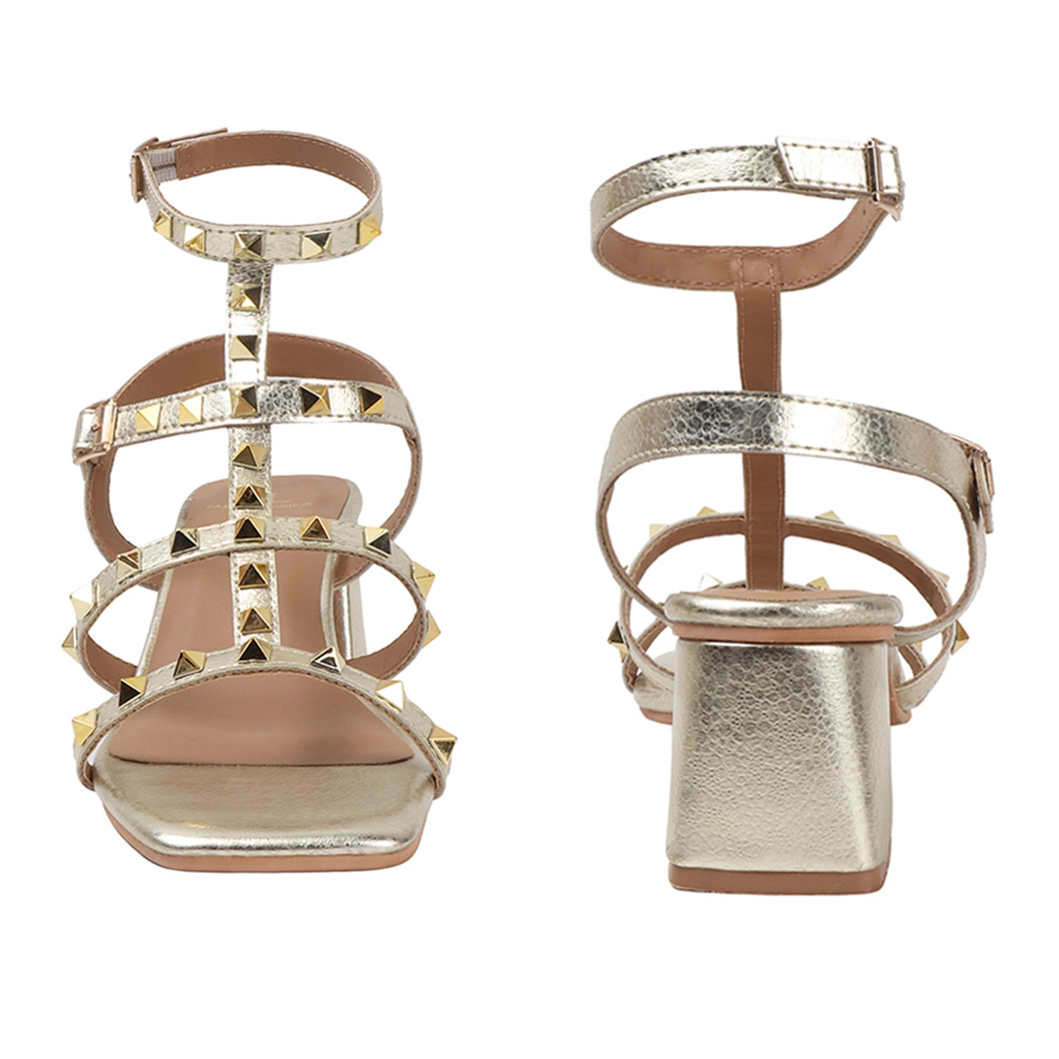 Metallic Gold Studded Block Heel Sandal with Ankle Strap