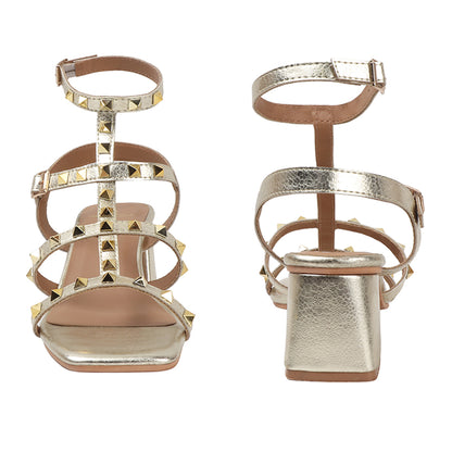 Metallic Gold Studded Block Heel Sandal with Ankle Strap