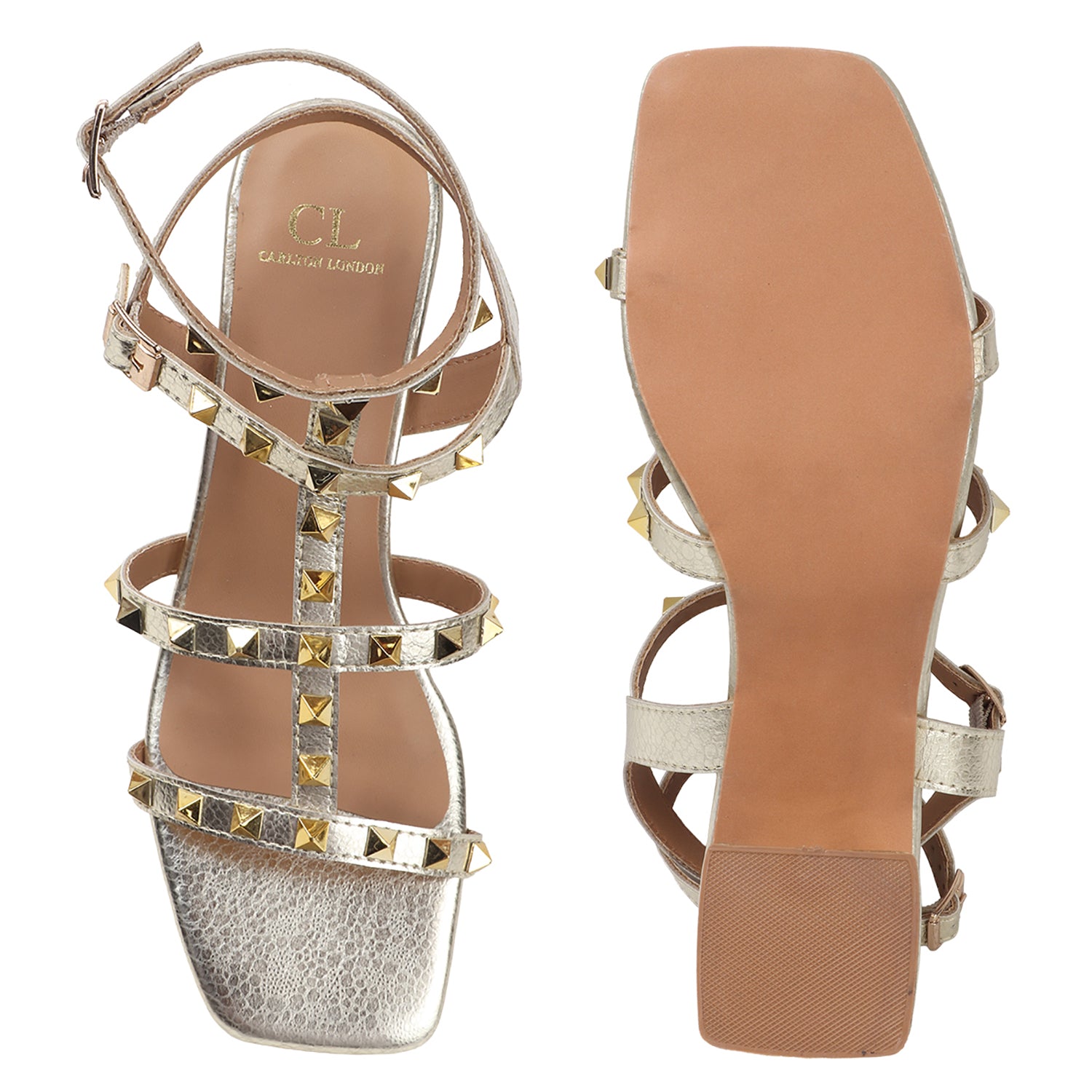 Metallic Gold Studded Block Heel Sandal with Ankle Strap