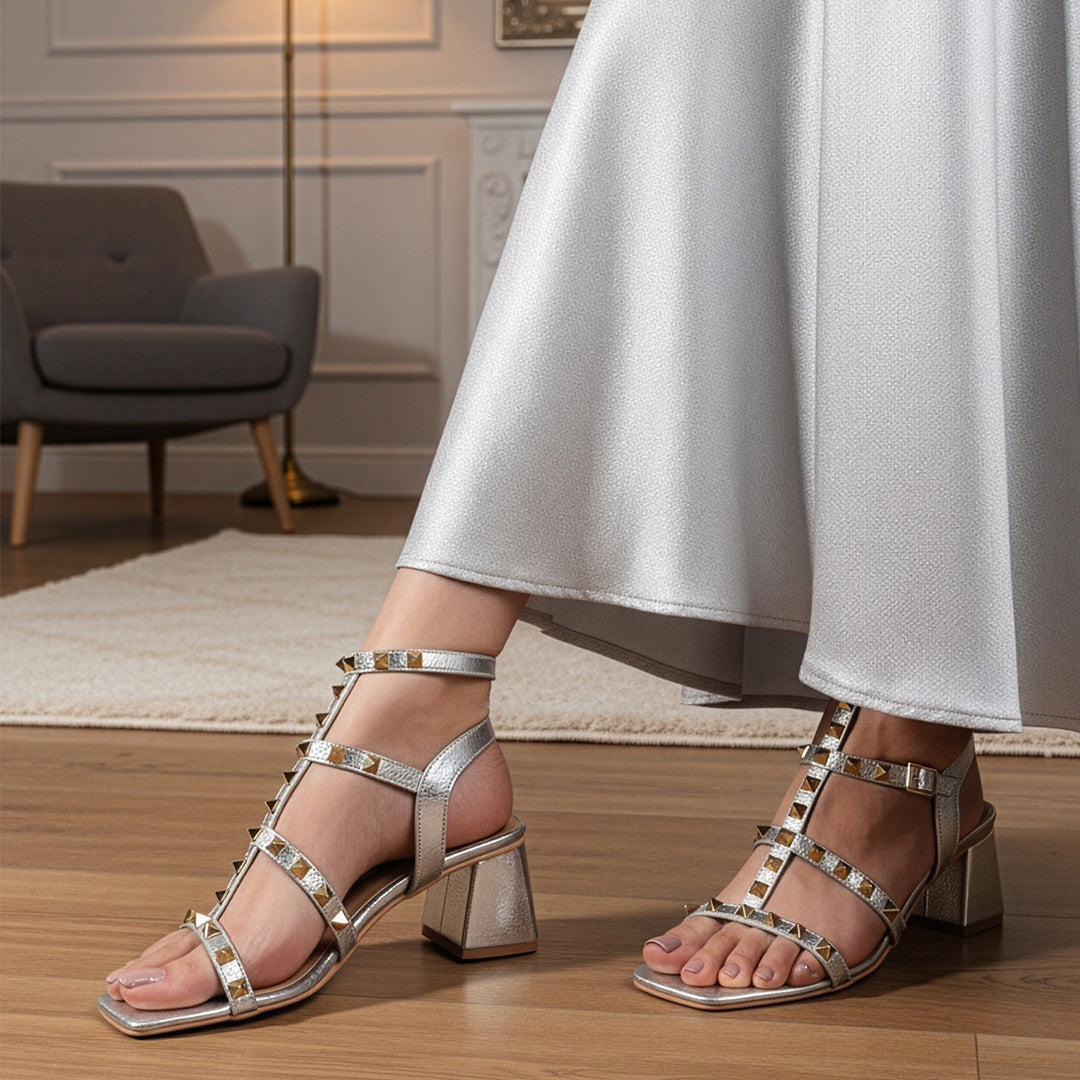 Metallic Gold Studded Block Heel Sandal with Ankle Strap
