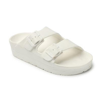 Women Solid Double Buckle Platform Slides