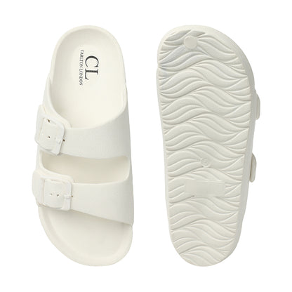 Women Solid Double Buckle Platform Slides