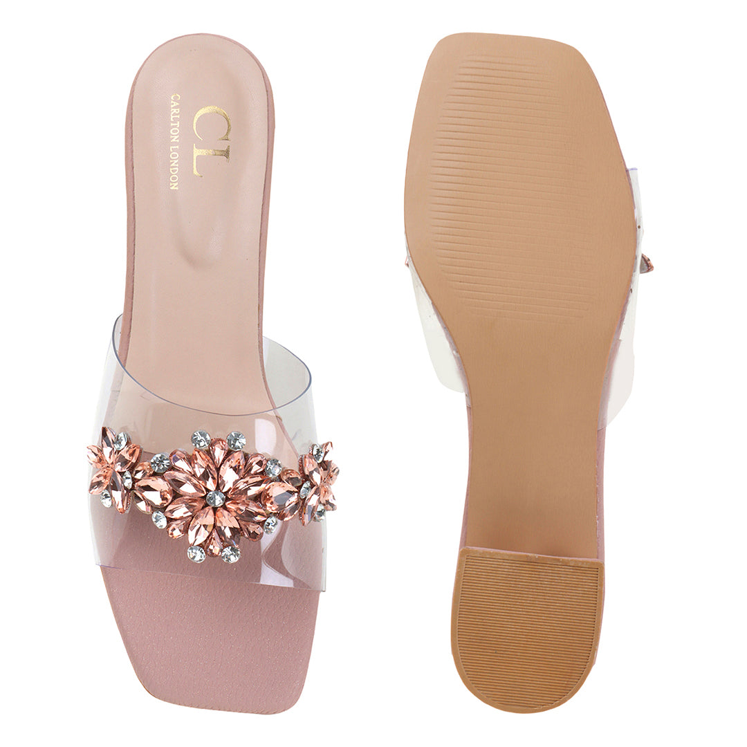 Women Embellished Block Heels Transparent Sandals