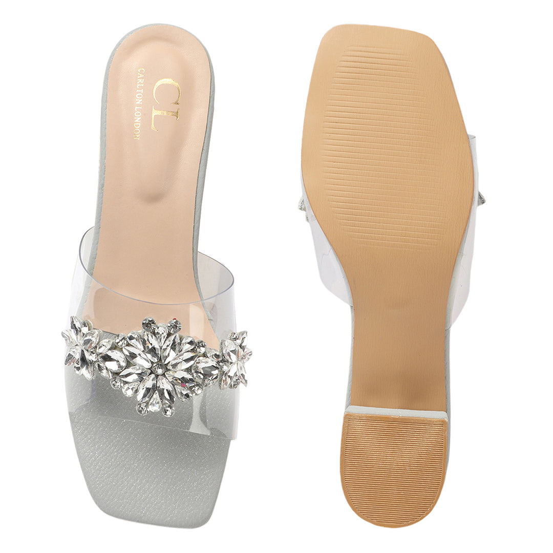 Women Embellished Block Heels Transparent Sandals