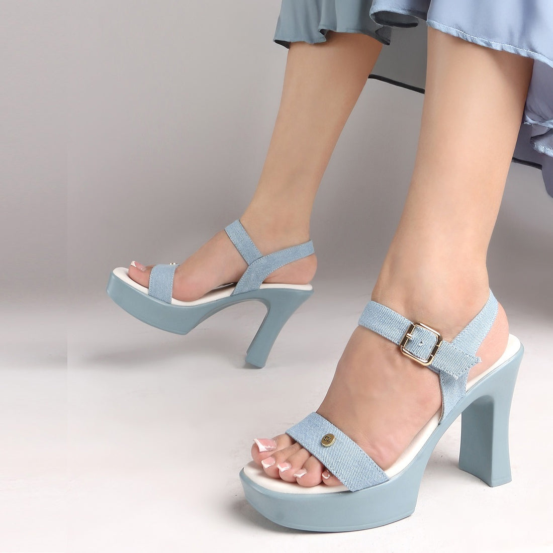 Denim-Style Block Block Heel Sandals