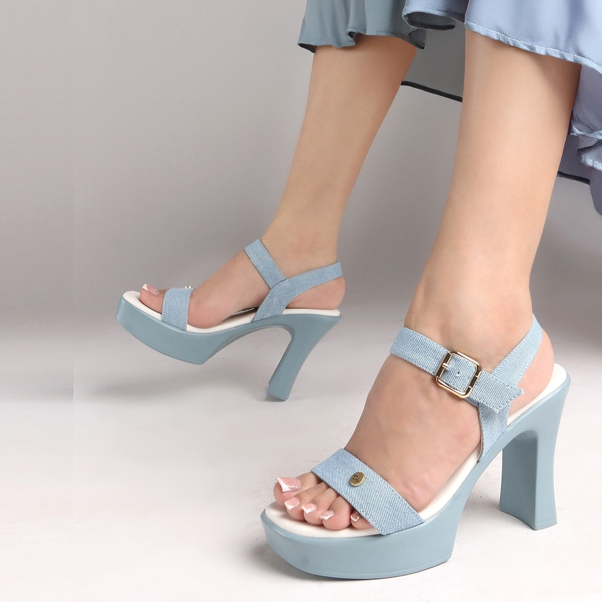 Denim-Style Block Block Heel Sandals
