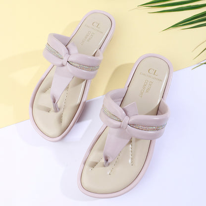 Women Flat Thong Sandals with Rhinestone Knot Detail