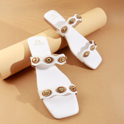 Flat Slide Sandals with Gold Medallion Embellishments