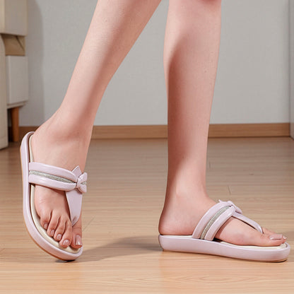 Women Flat Thong Sandals with Rhinestone Knot Detail