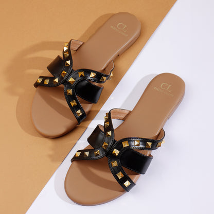 Flat Cross-Strap Women Sandal with Gold Pyramid Studs