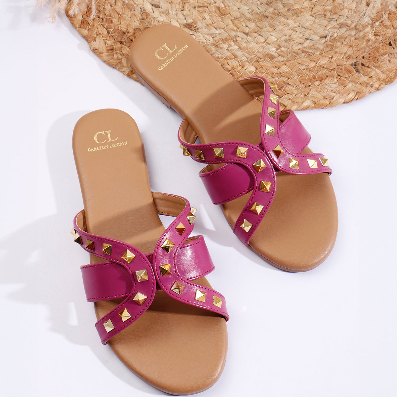 Flat Cross-Strap Women Sandal with Gold Pyramid Studs