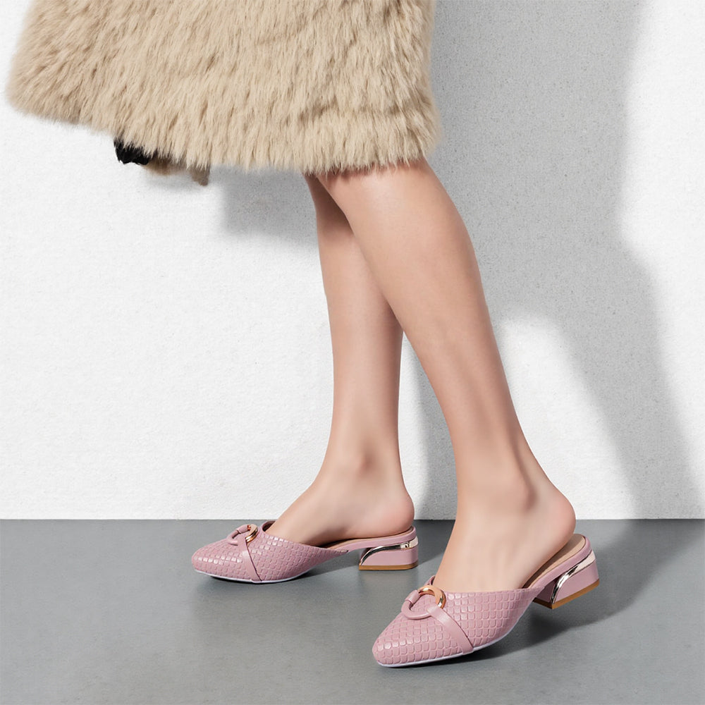 Elegant Textured Mules with Gold Buckle and Block Heel