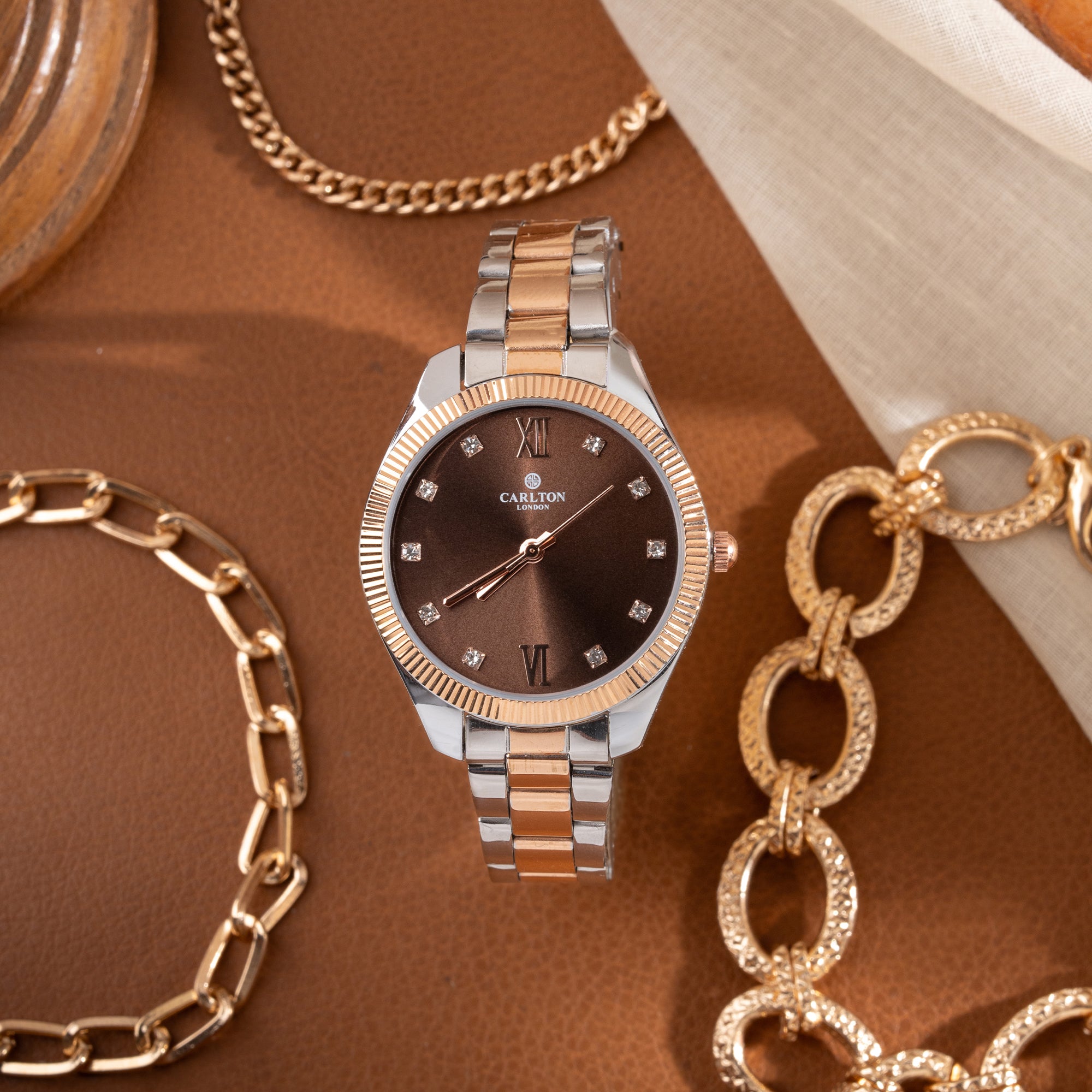 Women Gift Set Of 3 Brown Dial Watch + 3  Bracelets CLPLG054