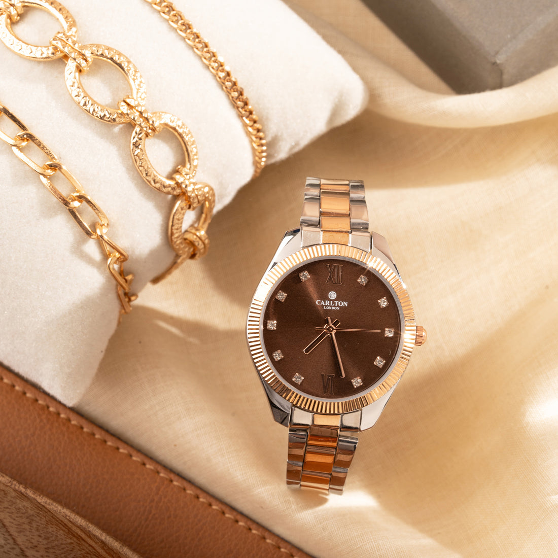 Women Gift Set Of 3 Brown Dial Watch + 3  Bracelets CLPLG054