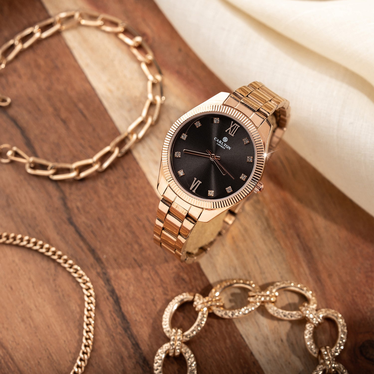 Women Gift Set Of 3 Black Dial Watch + 3  Bracelets CLPLG075